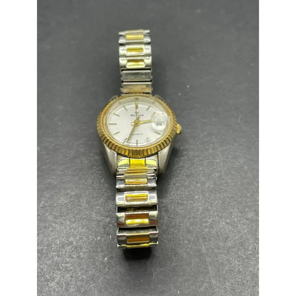 Waltham President Watch Men White Dial Two Tone Date Round 25MM Fluted Bezel
